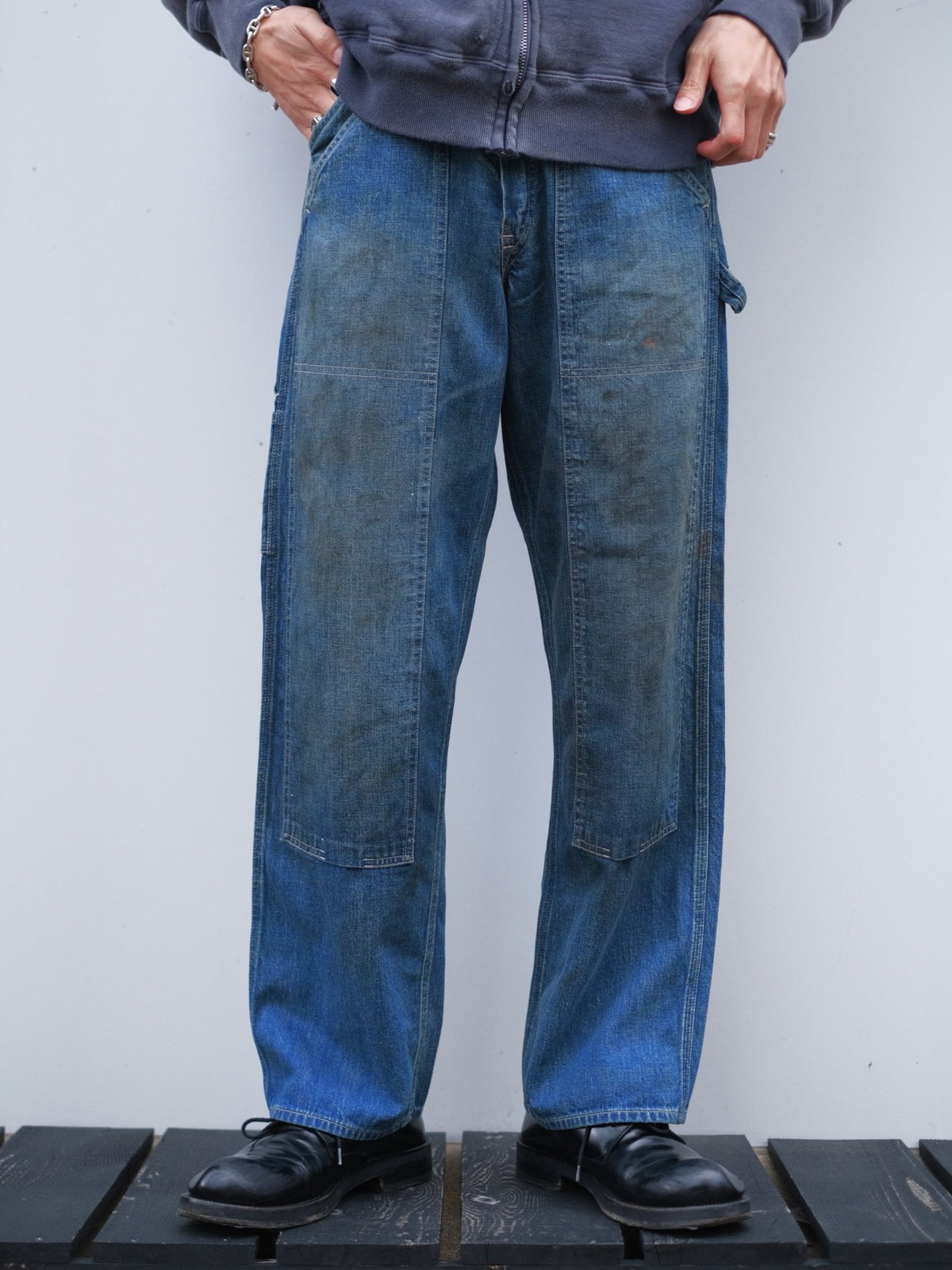 DOUBLE KNEE INDIGO DENIM PANTS